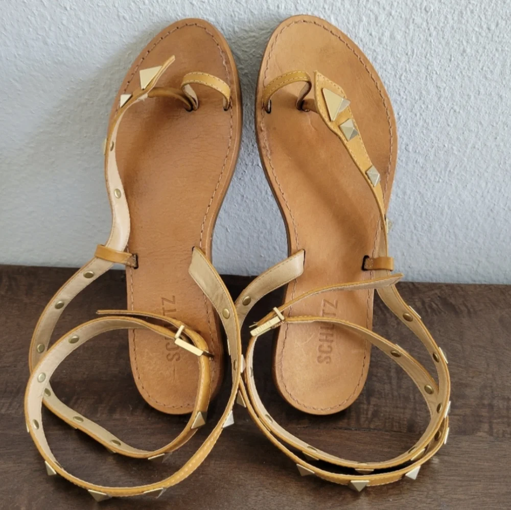 SCHUTZ Courtney Studded Gladiator Wrap Sandals 6.5 - Tan Leather - Picture 6 of 9